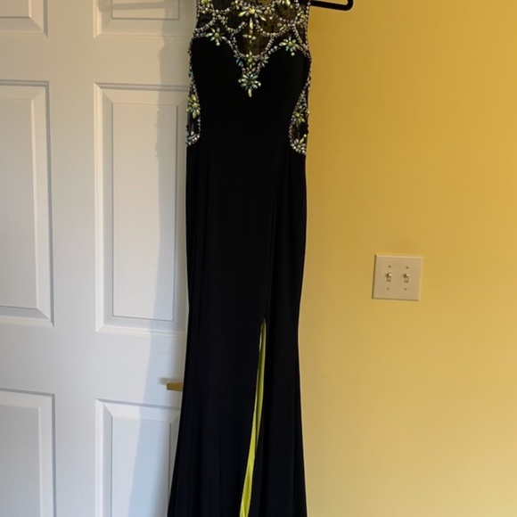 Betsy Adam Jeweled Dark Blue Lime Accents Prom Dress - Picture 5 of 5